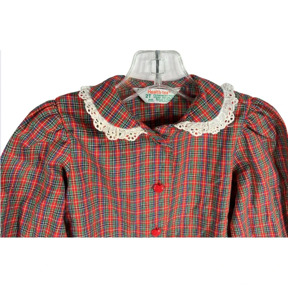 VTG Health-Tex Outfit Set RED CORDUROY PANTS Plaid Shirt w/Lace Collar Hearts 2T